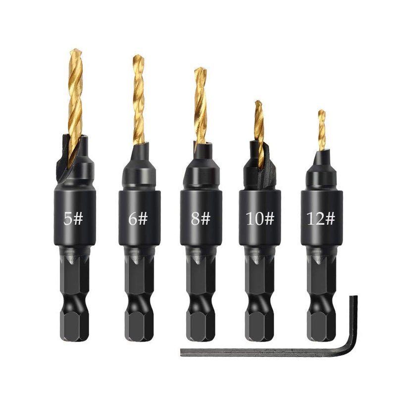 MUXSAM 1/4 inch Hex Shank Countersink Drill Bit Power Tools Accessories for Plastic Metal Woodworking Tool by Power Drill 5Pcs/Set #5#6#8#10#12 (Gold) - Image 1